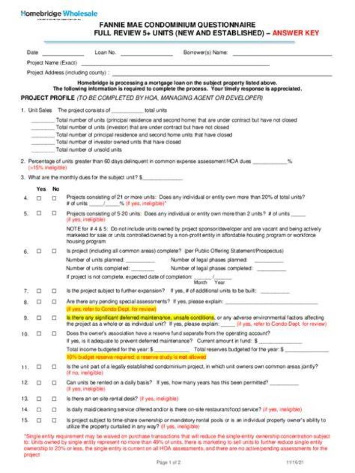 Does Fannie Mae require a condo questionnaire?
