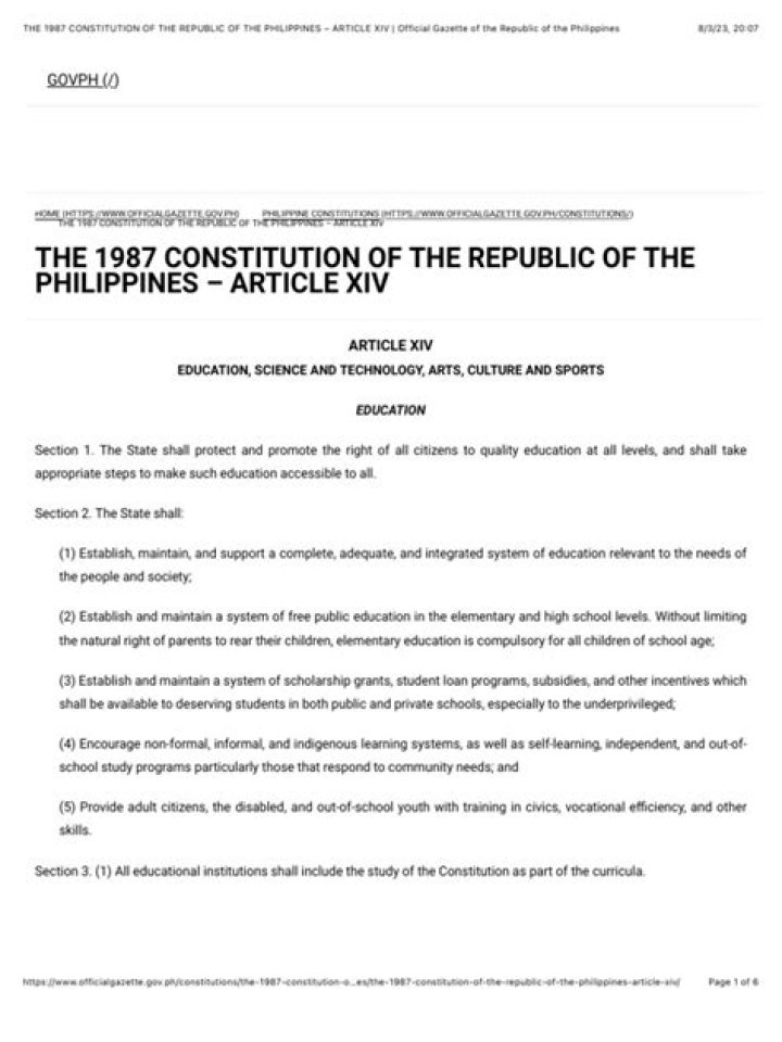 What is 1987 Constitution Article 14 all about?